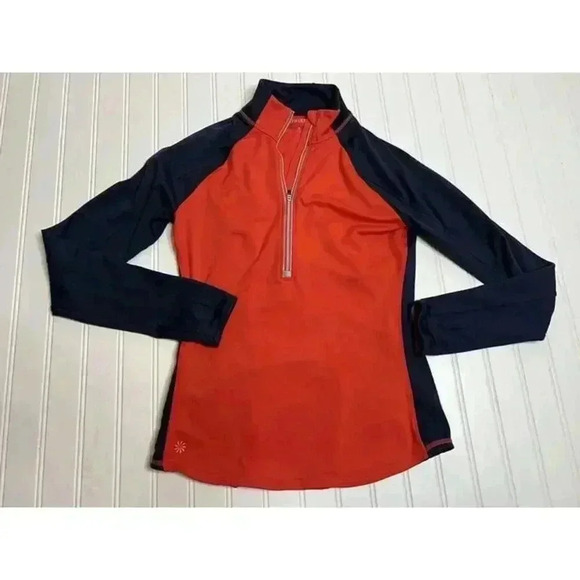 Athleta Running Wild Half Zip Pullover Shirt Small Orange Blue Zip Pocket 16 - Picture 1 of 3